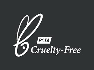 White PETA, Cruelty Free logo against dark gray background.