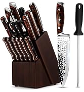 Kitchen Knife Sets with Block, 15-Piece High Carbon Stainless Steel Knife Block Set with Sharpene...