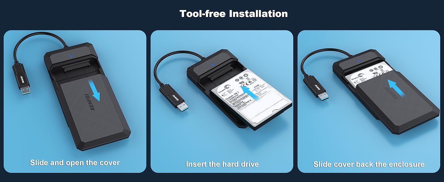Tool-free installation process for a portable SSD. Three steps shown: slide and open the cover, insert the M.2 SSD, slide cover back to secure.
