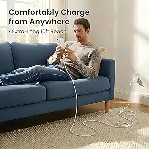 Man using 10ft long charging cable on the couch