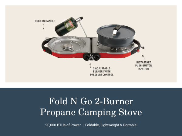 coleman fold n go two burner propane camping stove foldable lightweight portable handle adjustable