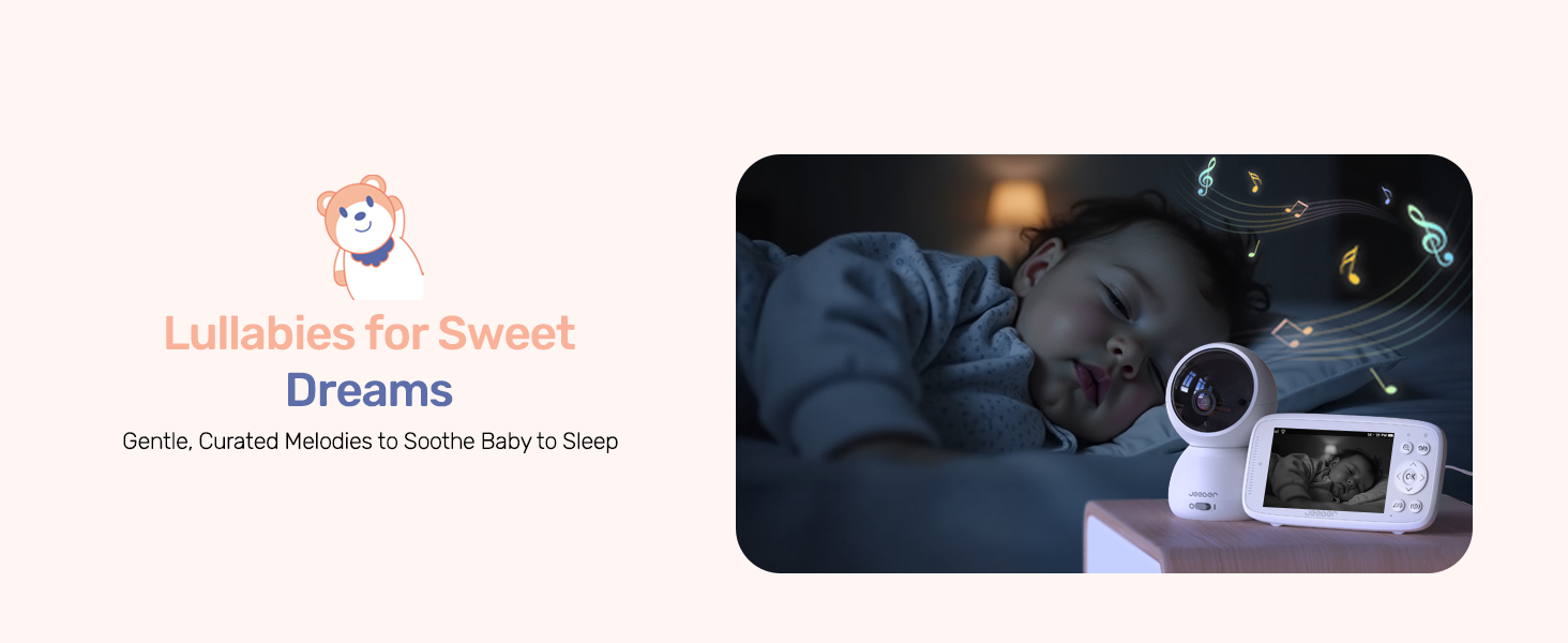 Text reads 'Lullabytes for Sweet Dreams'. Shows baby monitor device next to sleeping infant in darkened room with digital display screen.