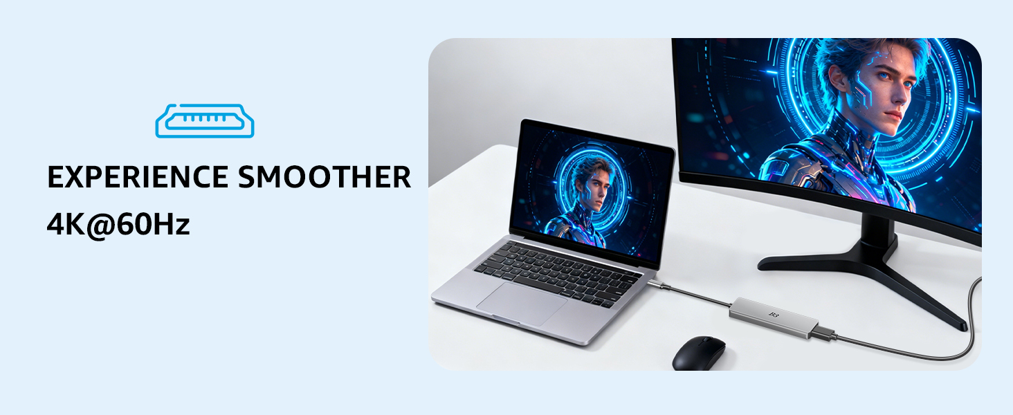 Text reads '4K@60Hz' and 'EXPERIENCE SMOOTHER'. Product showcase of computer peripherals including monitors, laptops, and wireless accessories.