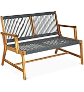 Tangkula 2-Person Patio Acacia Wood Bench Loveseat, Outdoor Patio Rope Bench in Teak Oil Finish, ...