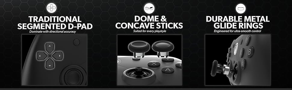 Controller features: D-pad, analog sticks, and metal glide rings.