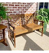 PHI VILLA Outdoor Garden Wooden Bench, 4 Ft Acacia Wood Bench with Curved Backrest and Armrest, 2...