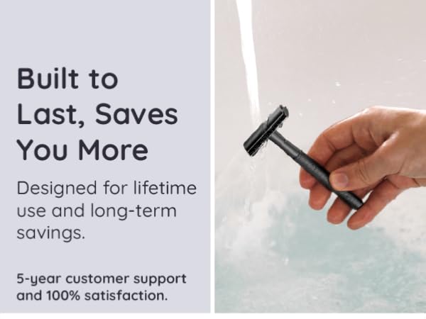 Text reads 'Built to Last, Saves You More' and 'Designed for lifetime use and 100% satisfaction.' Product marketing panels showing customer support messaging.