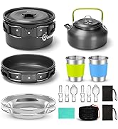 Odoland 15pcs Camping Cookware Mess Kit, Non-Stick Lightweight Pot Pan Kettle Set with Stainless ...