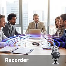 Text reads "Recorder". Four professionals seated at conference table with microphone recording device centered, large windows visible in background.
