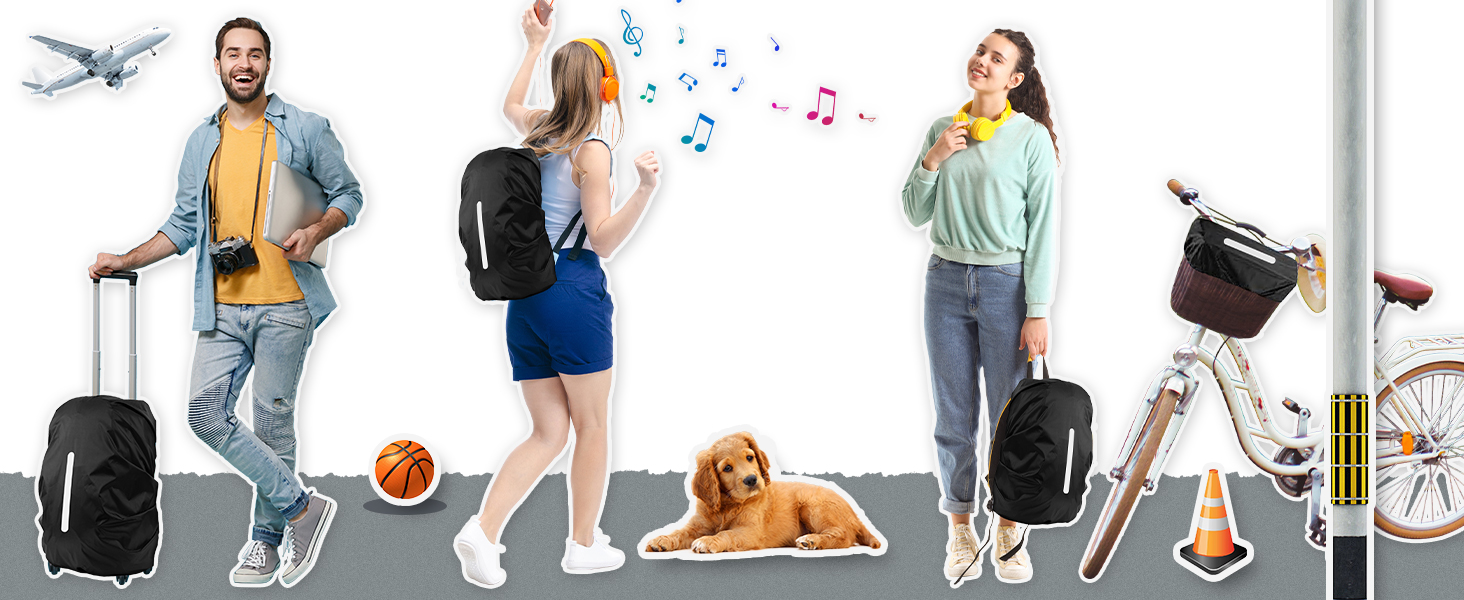Composite illustration showing travelers with luggage, musical notes, a dog, and scientific measurement equipment in a white background scene.