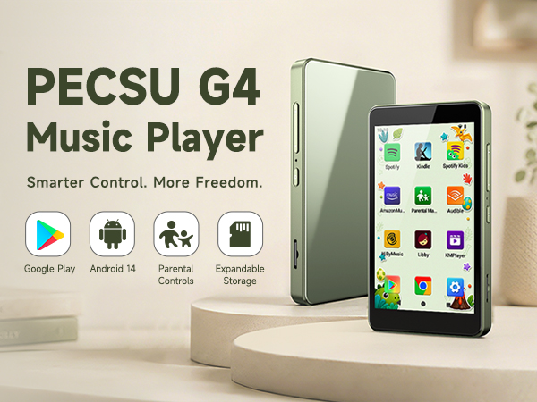 Sage green PECSU G4 music player used at home, while running, on a flight, and as a gift.