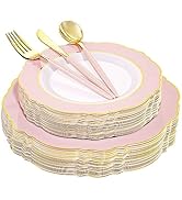WDF 30Guest Pink Plates Disposable - Hign-end Baroque Design - Gold Plastic Silverware with Handl...