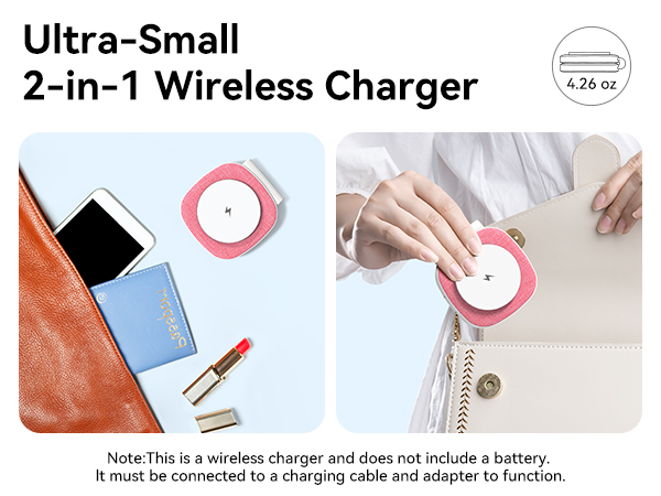 Text reads: 'Ultra-Small 2-in-1 Wireless Charger', '4.26 oz', 'Note: This is a wireless charger and does not include a battery. It must be connected to a charging cable and adapter to function.' Compact pink and white circular wireless charging pad shown with phone and accessories on light blue background.