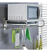 NAWESRVA Stainless Steel Microwave Wall Mount Shelf with 6 Hooks - 66 lbs Capacity, 21x15 Inches,...