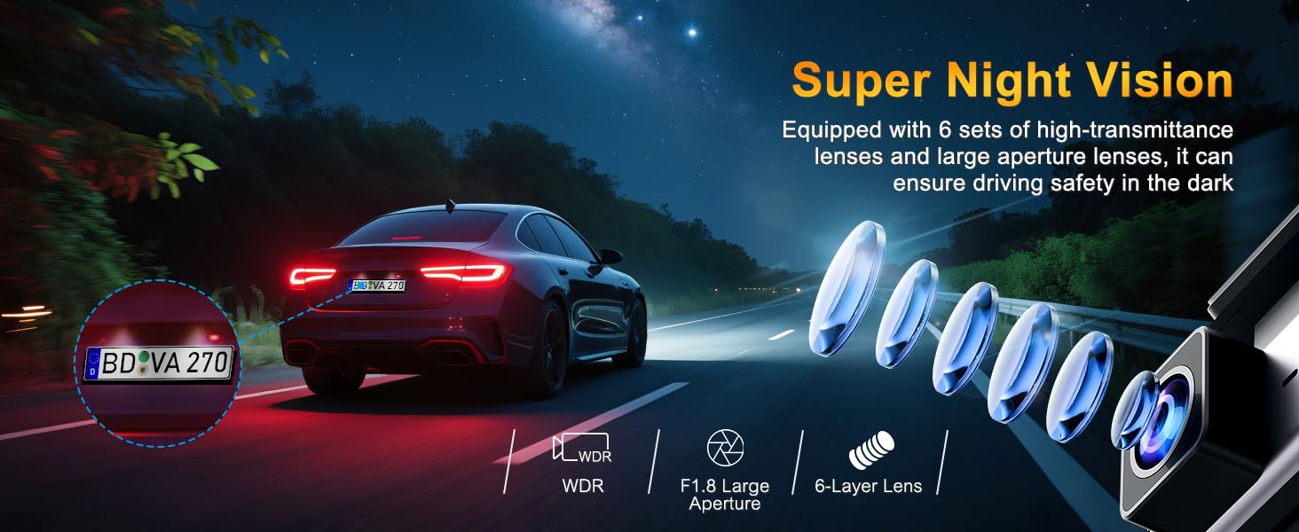 Text reads 'Super Night Vision'. Marketing image showing red car at night with diagram of camera lens elements illustrating night vision technology capabilities.