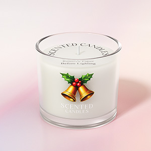 Clear glass candle holder with Christmas bells and holly design, featuring white wax interior against pink background.