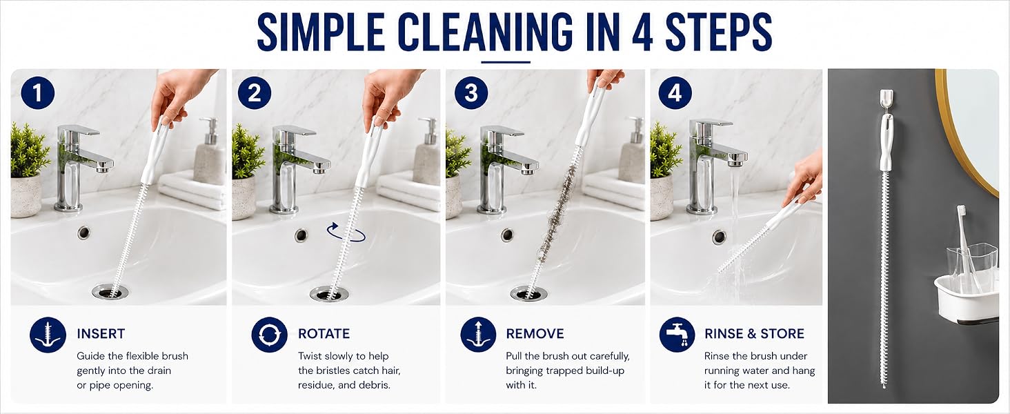household drain brush displayed in a clean bathroom designed for everyday sink drain maintenance