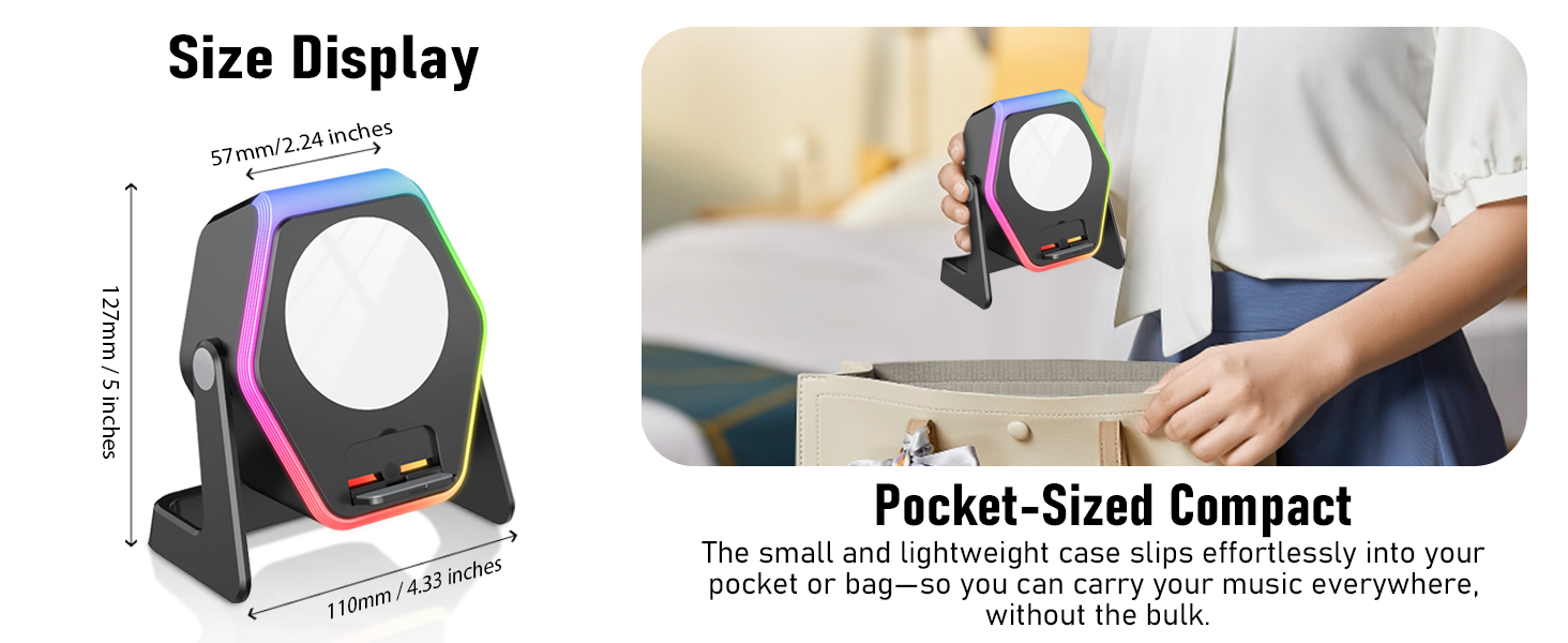 Text reads 'Size Display' and 'Pocket-Sized Compact.' Product demonstration showing a small device being carried in different scenarios, emphasizing its portable nature.