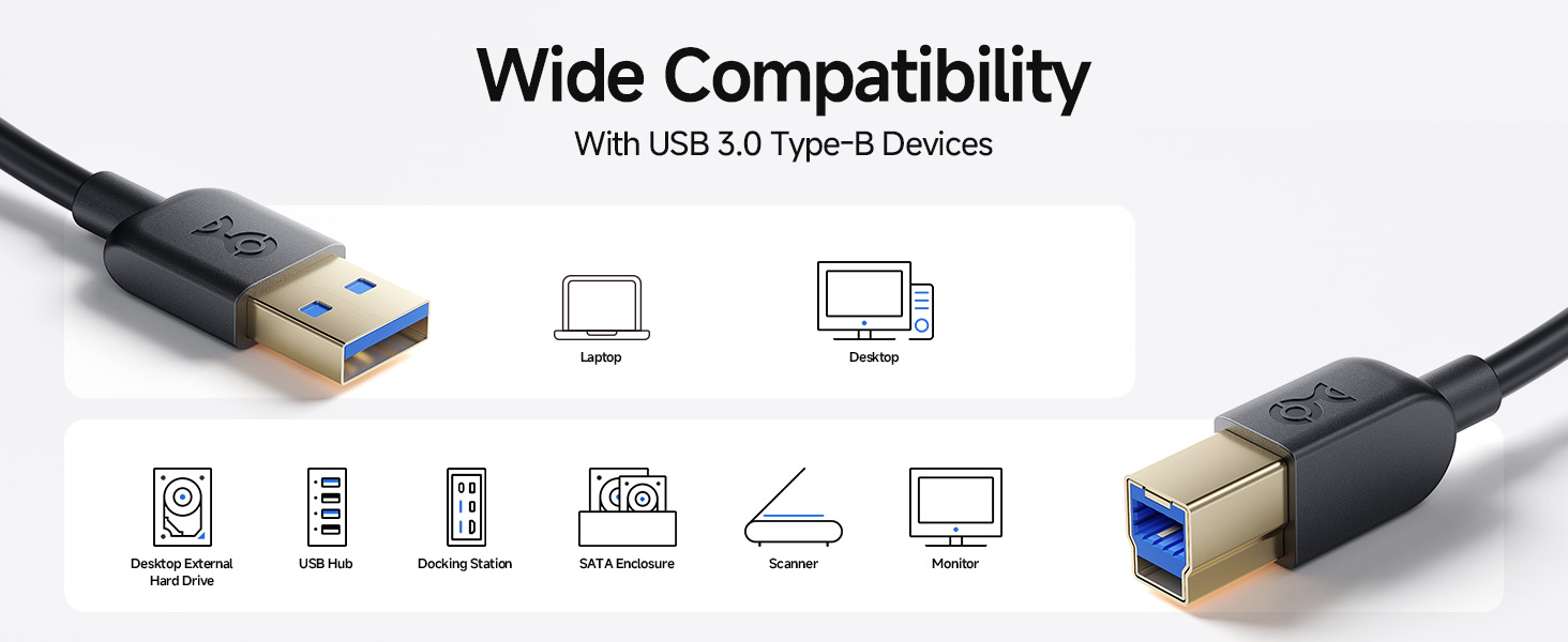 superspeed usb 3.0 cable for external hard drives, docking stations, and scanners