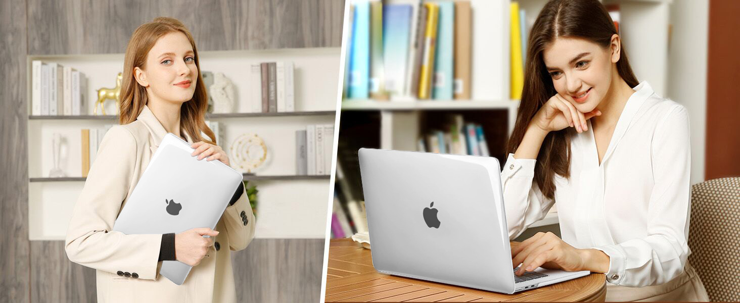 Two-panel image of women using Apple laptops. Left: woman in beige outfit holding laptop. Right: woman in white blouse working at desk with laptop.