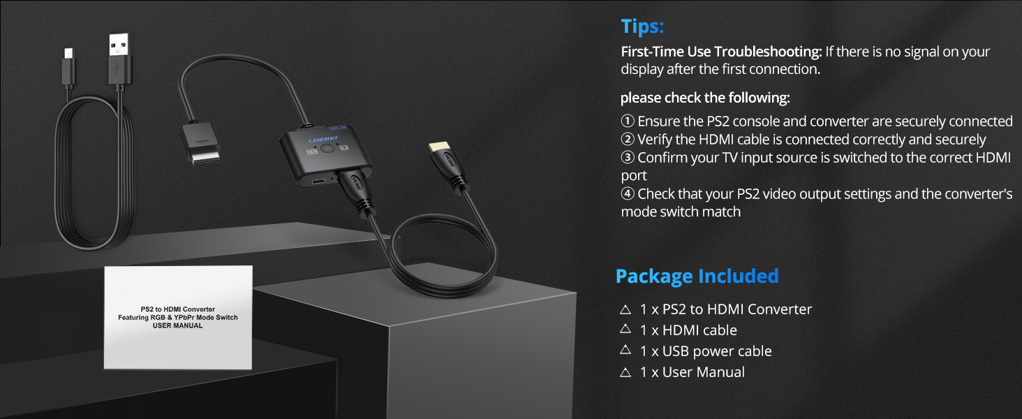 Product manual showing 'Tips:' section and 'Package Includes:' listing technical components. Black electronic device with USB ports and cables shown from multiple angles.