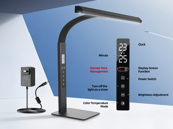 A work and study desk lamp with a clock display