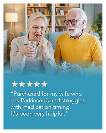 Product review image showing two seniors smiling. Woman holding a glass, man in yellow sweater. Five-star rating with testimonial about helpfulness for Parkinson's medication timing.
