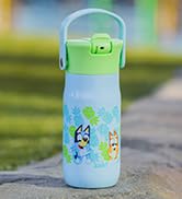 Zak Designs Harmony Bluey Kid Water Bottle for Travel or At Home, 14oz Recycled Stainless Steel i...