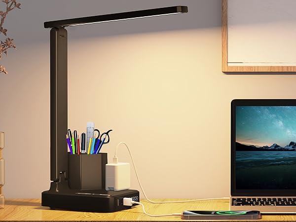 Desk Lamp with 3 USB Charging Ports,1 AC Outlet,2 Pen Holders