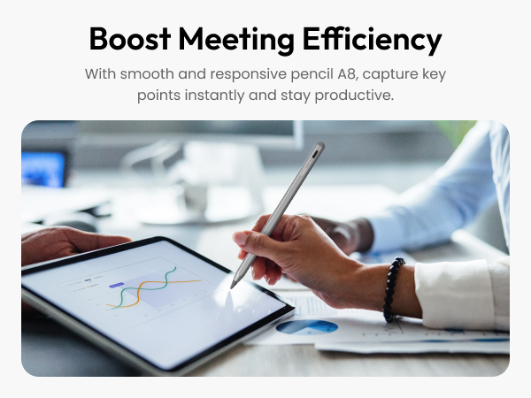Text reads 'Boost Meeting Efficiency' and 'with smooth and responsive pencil AB, capture key points instantly and stay productive.' Multiple images showing tablet devices being used with stylus pens.