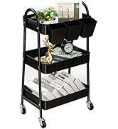 danpinera 3-Tier Rolling Cart, Metal Rolling Storage Cart with Lockable Wheels &amp; Hanging Cups &amp; H...