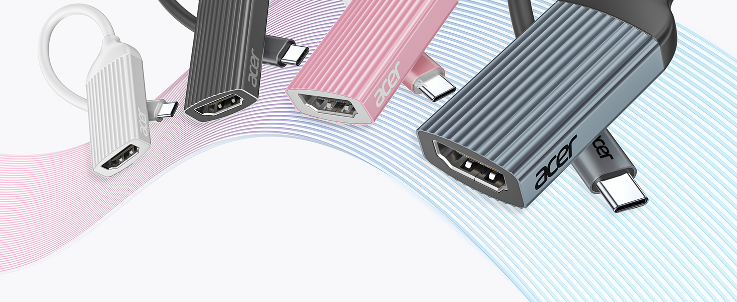 USB-C adapters in various colors and sizes. Includes compact white, slim pink, and larger gray models with ribbed exteriors. Arranged on a background with pastel-colored wavy lines.
