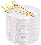Rubtlamp 200Pcs Gold Plastic Dessert Plates,White Appetizer Plates with Gold Disposable Forks,Gol...
