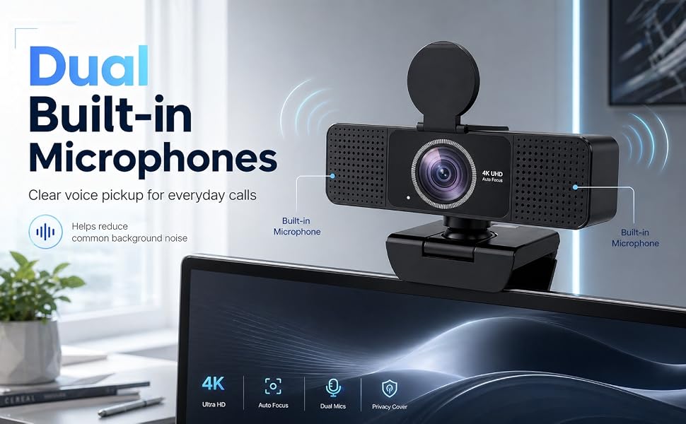 4K webcam with dual built-in microphones for everyday calls, classes, webinars, and light streaming