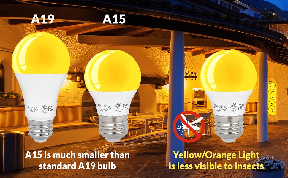 Simba LED bug light yellow orange 2000K less visible to insects a15 a19 smaller more compact