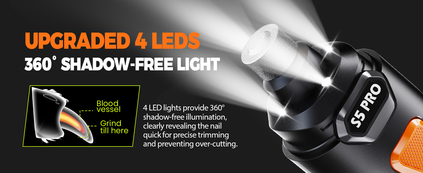 dog nail grinder with upgare 4leds shadow-free light