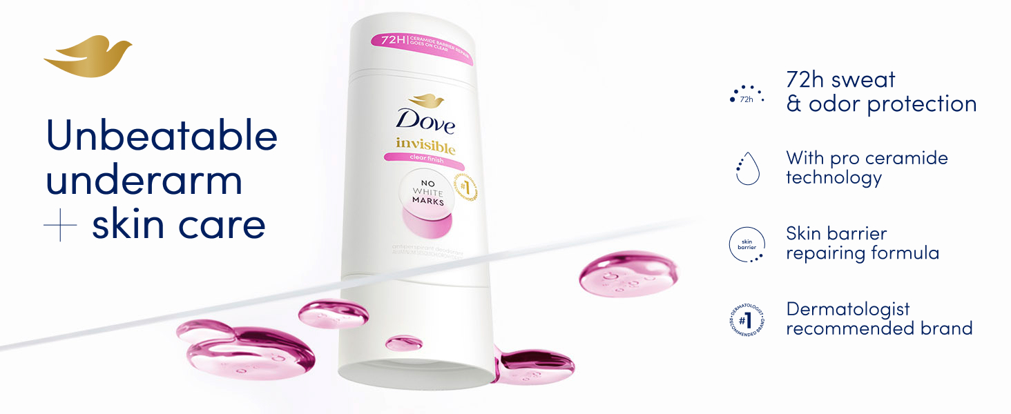 Dove&amp;#39;s Invisible Clear Finish antiperspirant stick next to product&amp;#39;s benefits &amp;amp; product drops.