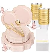 WDF 175Pcs Pink Plastic Plates - Pink and Gold Plates Disposable 25guest Plastic Dinnerware Ideal...