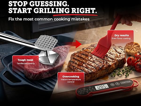 stainless steel meat hammer from the Grillmaster bundle shown tenderising meat on a chopping board