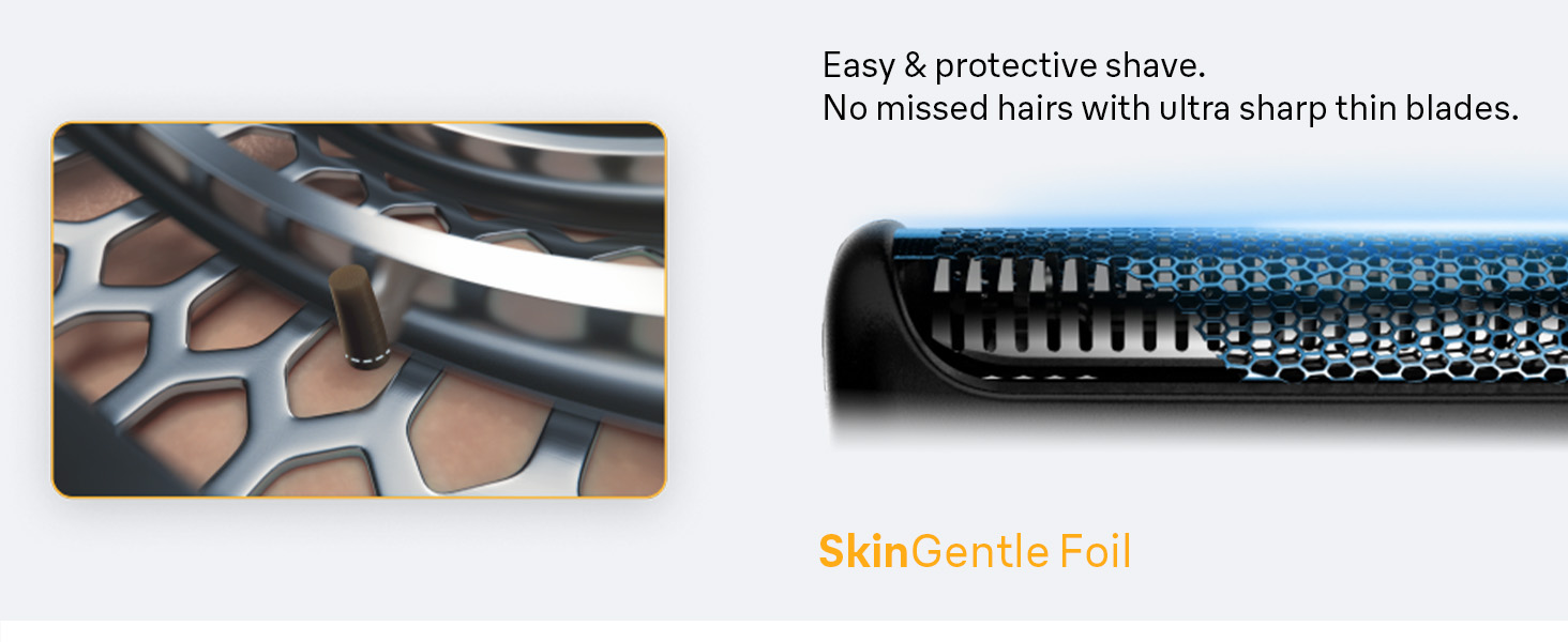 Braun shaver with SmartMotor and two shave modes is shown. Hand changes blades optimal performance.