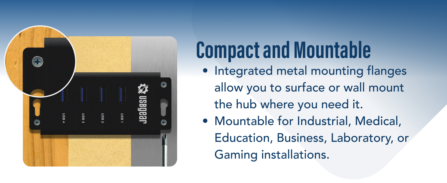 USBgear mountable 4 port USB hub installed with screws, sturdy USB port hub for desks