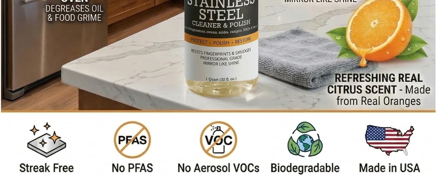 Streak free, No PFAS, No Aerosol VOCs, biodegradable and made in the USA