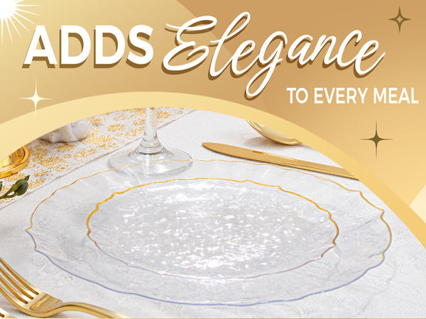clear and gold plastic plates