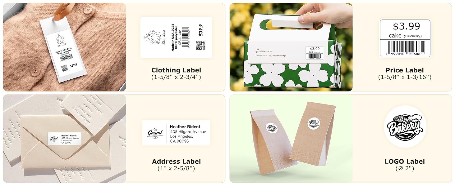 Labels for clothing, retail, mailing addresses, and brand logos