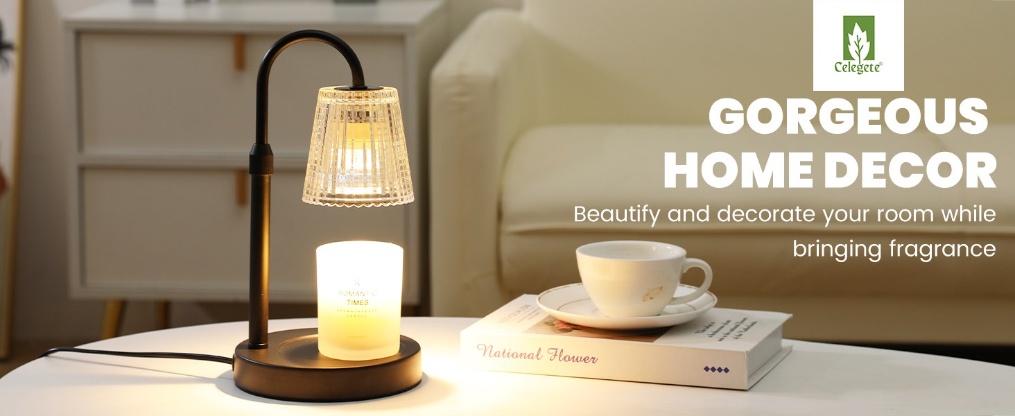 The lit candle warmer lamp is placed on the living room table
