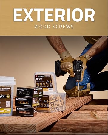 Image of person drilling into wood next to screws with text reading exterior wood screws.