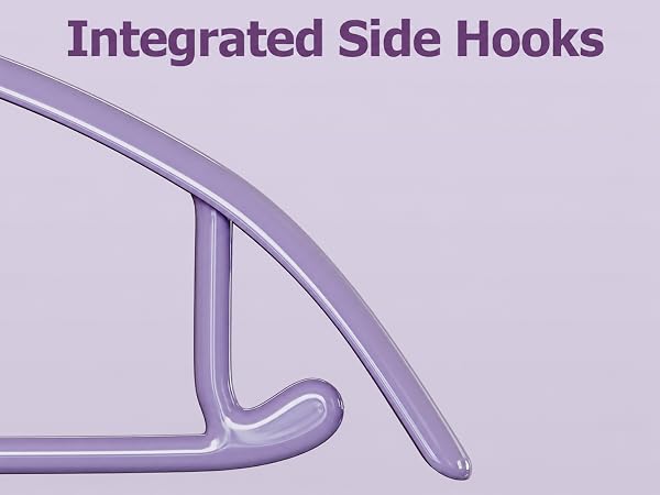 Text reads 'Integrated Side Hooks'. Diagram showing curved side hook attachment system on purple hot tub wall cross-section.
