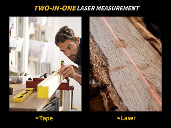 2-in-1 laser tape measure, dual mode for tape and laser measurement.