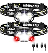 Eirnvop 2000LM Ultra Bright 9 LED Headlamp, 2 Pack USB C Rechargeable Headlights, 10 Modes, Motio...