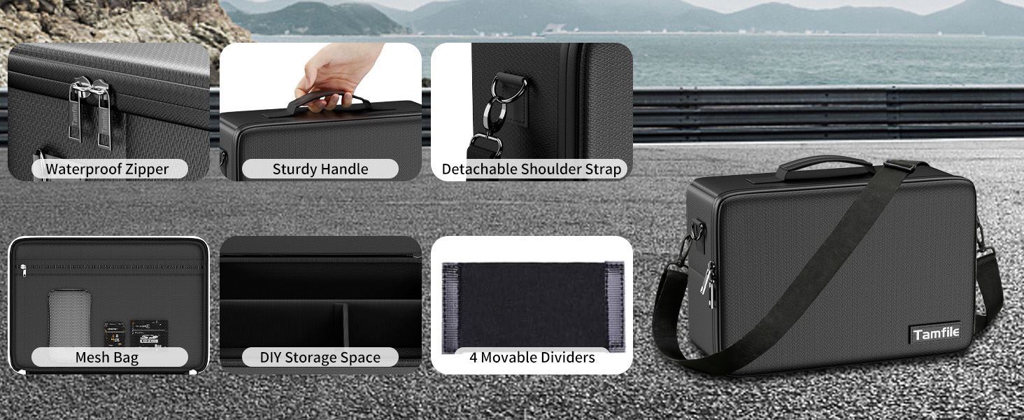 Demonstration sequence showing hands accessing different compartments of a dark messenger bag or case, displayed in multiple grayscale panels.